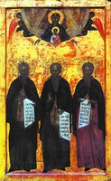 Святые Евфимий, Иоанн, Георгий Святогорцы. Икона из Иверского мон-ря на Афоне. XVI в. (Архив Л. Тогонидзе)