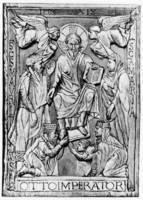 Имп. Оттон I и св. Адельгейда с сыном Оттоном II, припадающие к стопам Христа. Слоновая кость. Х в.