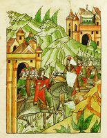 Кликните для увеличения картинки Князья Александр Ярославич и Димитрий Святославич собираются в поход на Новгород. Миниатюра из Лицевого летописного свода. 70-е гг. XVI в. (БАН. 31.7.30–1. Л. 5 об.)