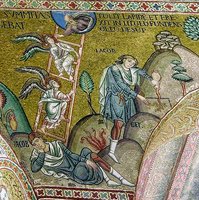 Сон Иакова. Иаков совершает возлияние на камень в Вефиле. Мозаика Палатинской капеллы в Палермо, Сицилия. 1143-1150 гг.
