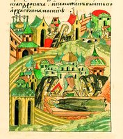 Возведение архиеп. Евфимием I ц. Спаса Милостивого в Новгороде. Преставление прп. Кирилла Белозерского. Миниатюра из Лицевого летописного свода. 70-е гг. XVI в. (РНБ. F.IV.225.Л. 393 об.)