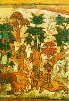 Адам и Ева в райском саду. Фрагмент иконы «Св. Троица в деяниях». Нач. XVII в. (НГОМЗ)