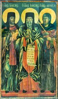 Преподобномученики диак. Иаков, Иаков Новый, Дионисий. Икона. 1836 г. (мон-рь вмц. Анастасии Узорешительницы близ Фессалоники)