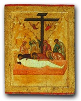 Положение во гроб. Икона из Успенского собора Кирилло-Белозерского мон-ря. Ок. 1497 г. (ЦМиАР)