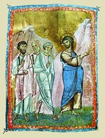 Шествие на гору Фавор. Миниатюра из Евангелия. XII в. (Ath. Pant. 2. Fol. 252)