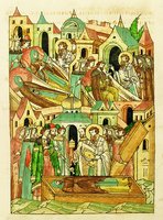 Кликните для увеличения картинки Монашеский постриг и кончина кн. Димитрия Святославича. Миниатюра из Лицевого летописного свода. 70-е гг. XVI в. (БАН. 31.7.30–1. Л. 53)
