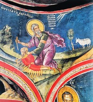 Авраам приносит в жертву своего сына Исаака. Роспись собора мон-ря Дионисиат на Афоне. XVI в.