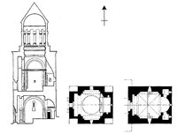 Церковь-усыпальница Аствацацин. 1301 г. Разрез, планы 1-го и 2-го этажей